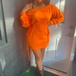 Off shoulder neon orange corset dress
